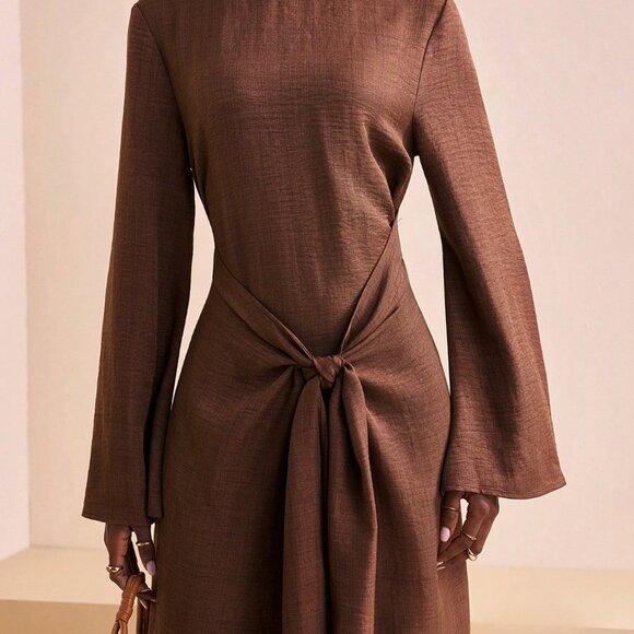 Brown Elegant Women's Long Slim Fit Party Dress - Picture 5 of 8